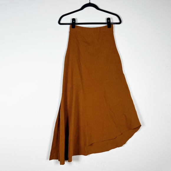 A.L.C. Midweight Knit Stretch Midrise Asymmetrical Hem Sweater Midi Skirt Brown - Picture 1 of 4